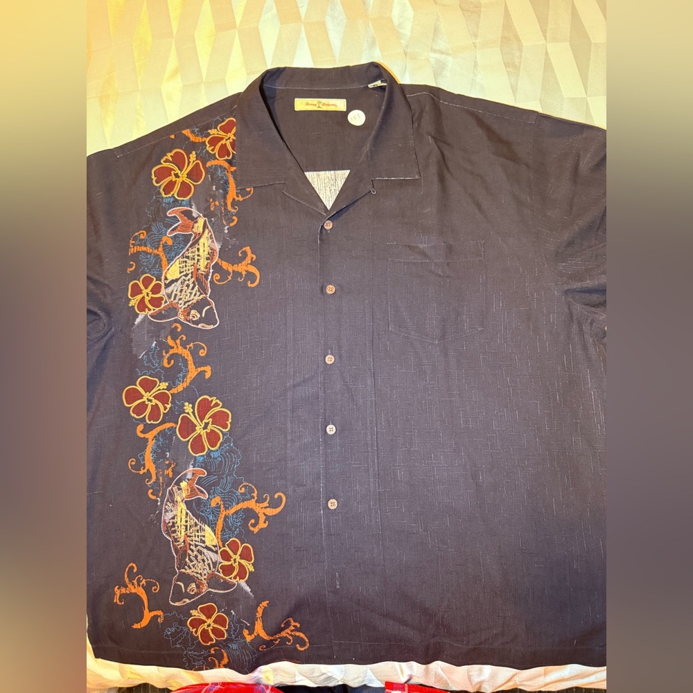 Tommy Bahama Black Shirt with Orange Floral and Fish Pattern